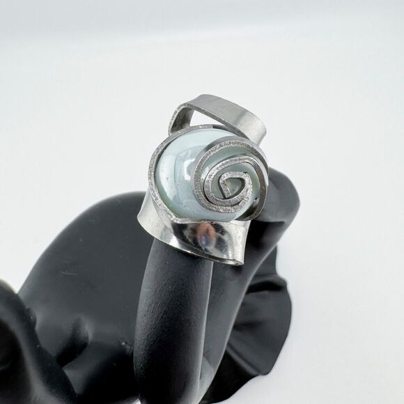 Vintage Swirl Fork Ring Iridescent Stone Handmade Unique Artisan Statement - Picture 1 of 11
